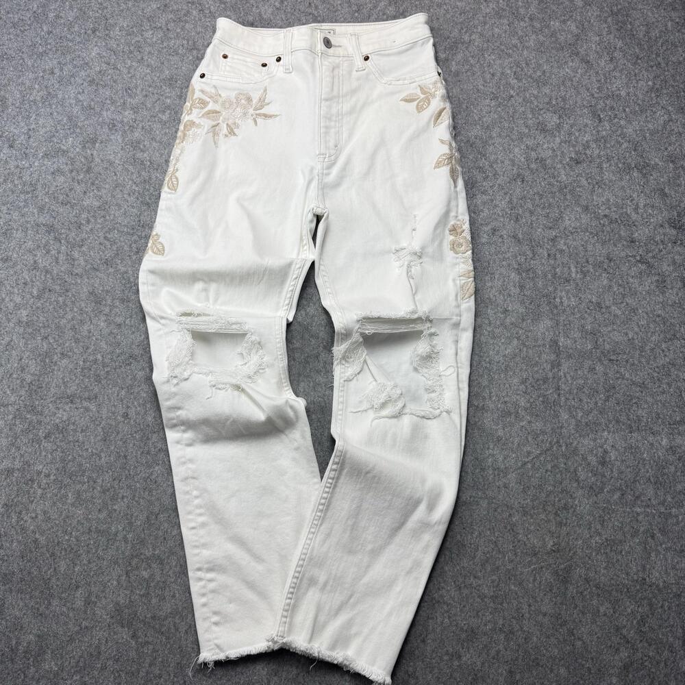 Abercrombie & Fitch Zoe Ankle Jeans Womens 6 White Floral Embroidered Distressed